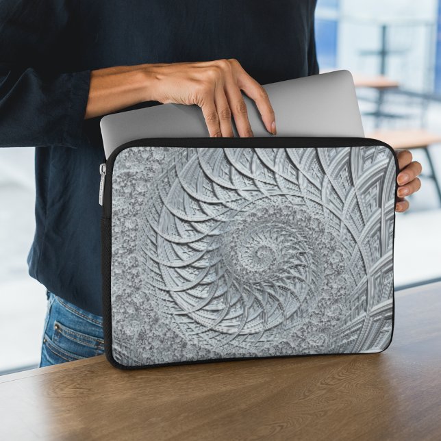 Abstract Monochrome Light Gray Spiral Fractal Laptop Sleeve (Creator Uploaded)