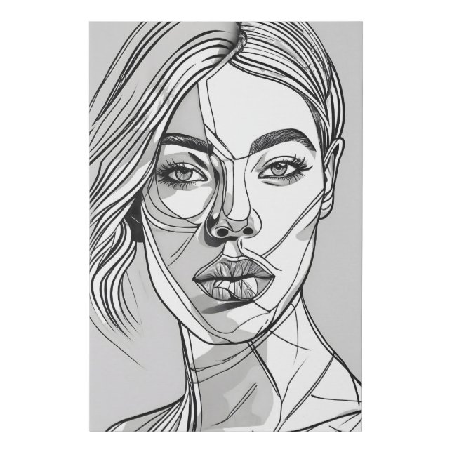 Abstract Monochrome Line Art Portrait Faux Canvas Print (Front)