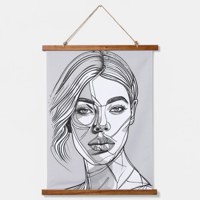 Abstract Monochrome Line Art Portrait Hanging Tapestry (Front)