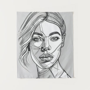 Abstract Monochrome Line Art Portrait Tapestry