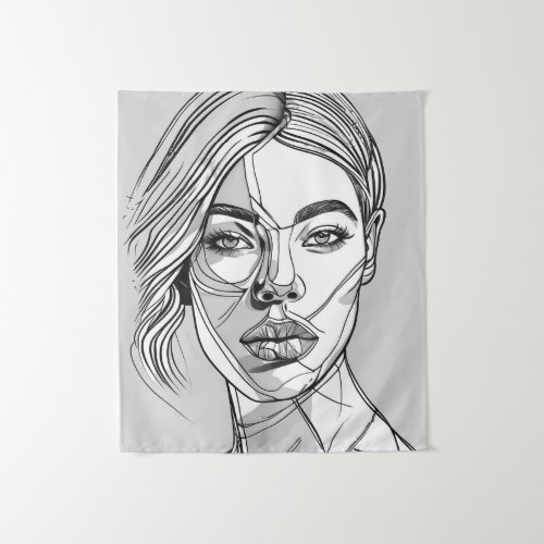 Abstract Monochrome Line Art Portrait Tapestry