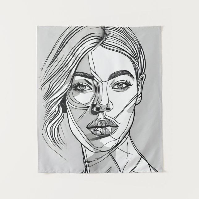 Abstract Monochrome Line Art Portrait Tapestry (Front)