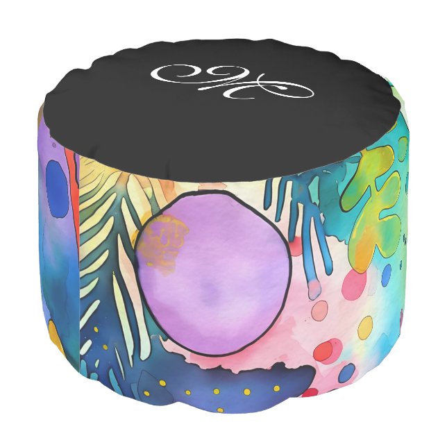 *~* ABSTRACT MONOGRAM Bright Happy Rainbow Pouf (Angled Back)