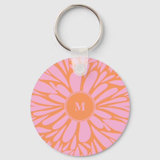 Abstract monogram floral burst pastel orange pink keychain (Back)