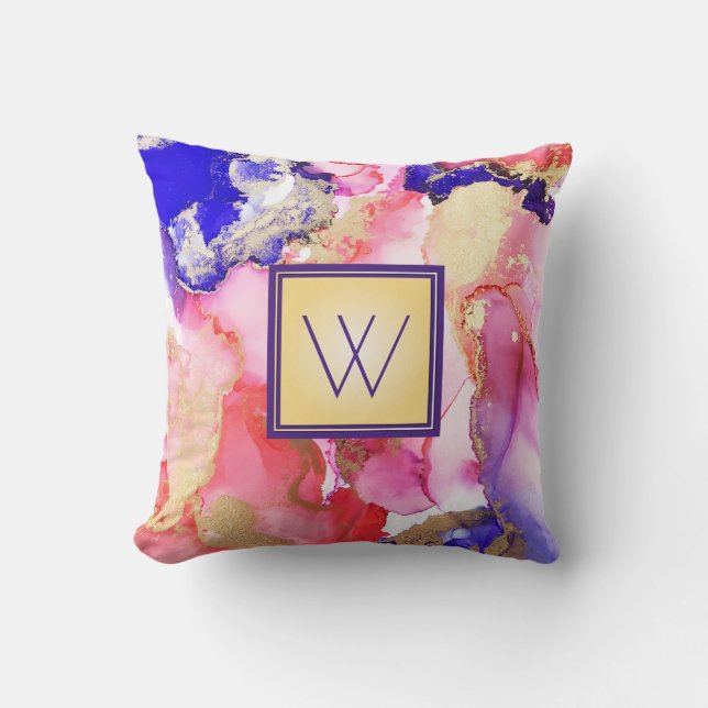Abstract Monogram Fluid Pink Purple Gold Metallic Throw Pillow (Front)