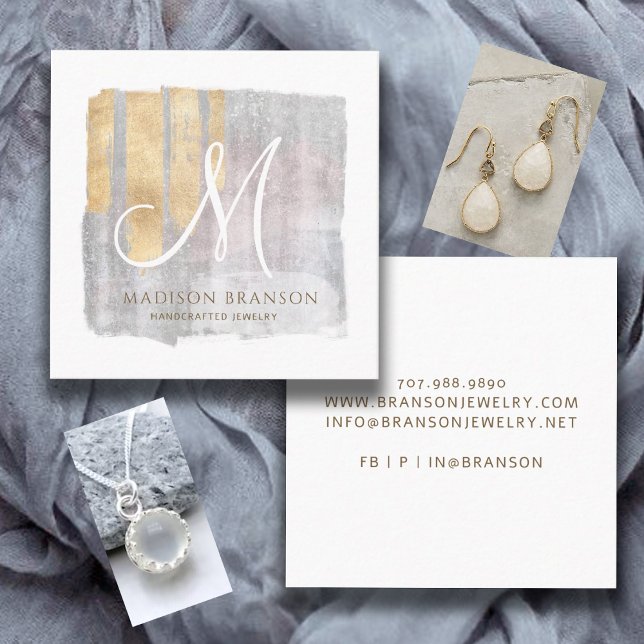 Abstract Monogram Gold Pink Blue Jewelry Designer Square Business Card (Creator Uploaded)