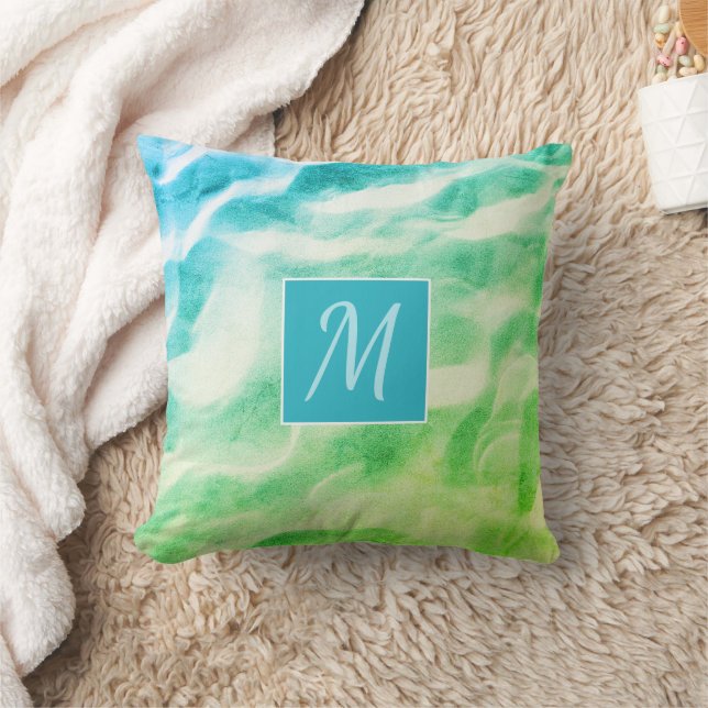 Abstract Monogram Green Blue Modern Throw Pillow (Blanket)