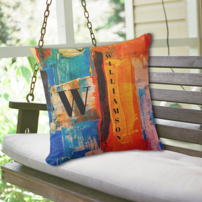 Abstract Monogram Orange Blue Black Outdoor Pillow (Creator Uploaded)