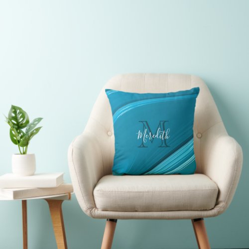 Abstract Monogram Teal Blue Swirl Throw Pillow