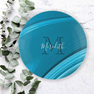 Abstract Monogram Teal Blue Swirl Trinket Tray