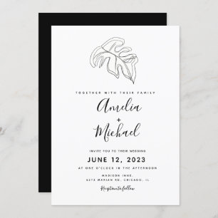 Abstract Monstera Hand Drawn  Botanical Wedding Invitation