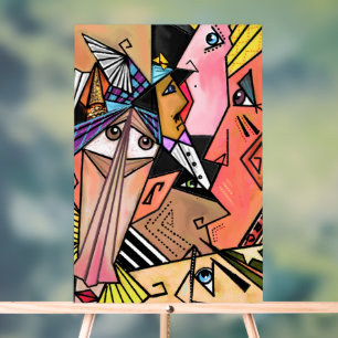 Abstract Mood Faces Art Cubism Style Acrylic Sign