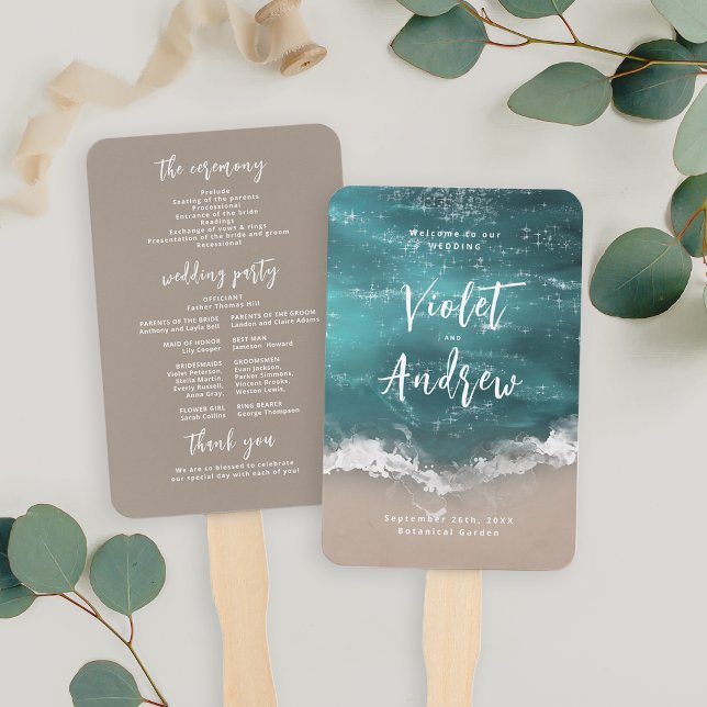 Abstract moody ocean beach wedding program hand fan (Abstract moody ocean beach wedding program hand fan)