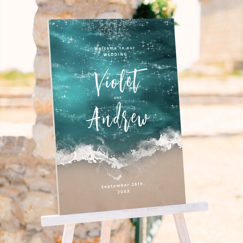 Abstract moody ocean beach wedding Welcome Sign
