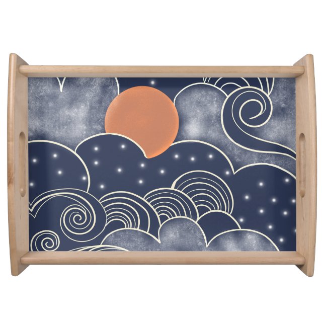 Abstract moon blue night sky  serving tray (Front)