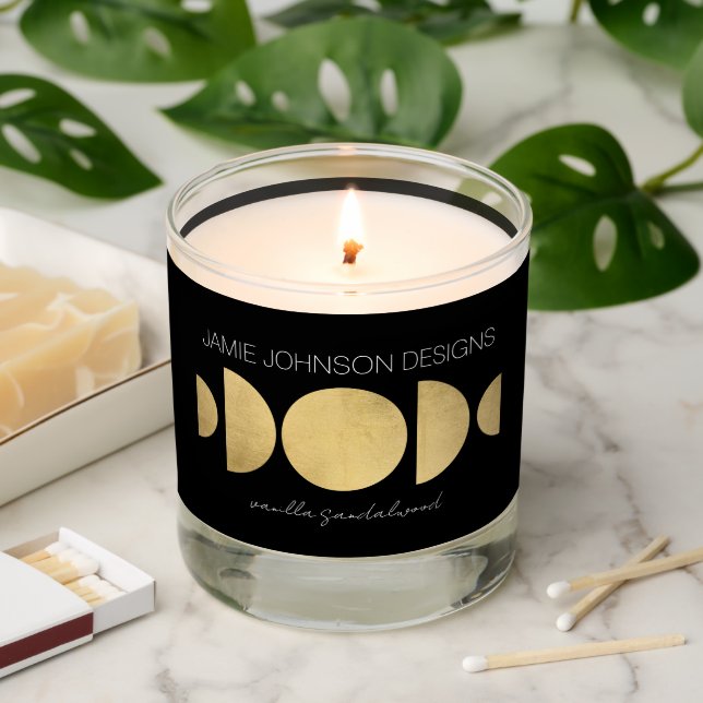 Abstract Moon Phases Geometric Art Gold/Black Scented Candle (Lit)