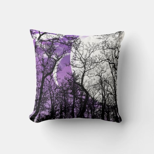 Abstract Moon Tree Purple black white Throw pillow