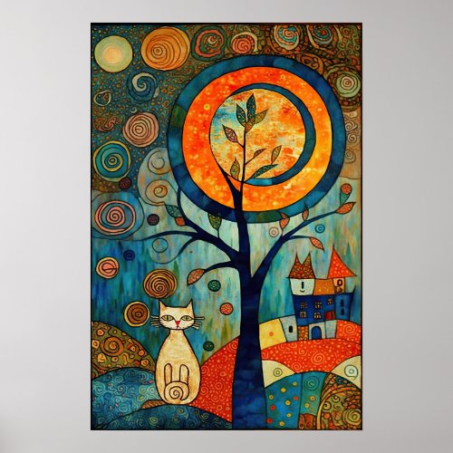 Abstract Moon Whimsical Cat in Romanesque Style Poster