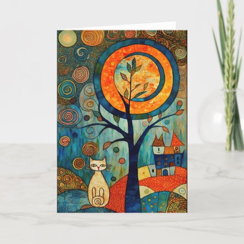 Abstract Moon Whimsical Cat in Romanesque Style Thank You Card