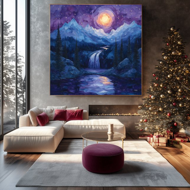 Abstract Moonlit Waterfall with Starry Night Moon Canvas Print (Creator Uploaded)