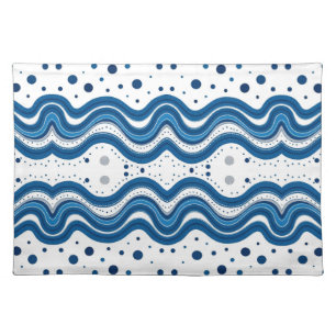 Abstract Moroccan White & Blue Wavy Lines & Dots Cloth Placemat