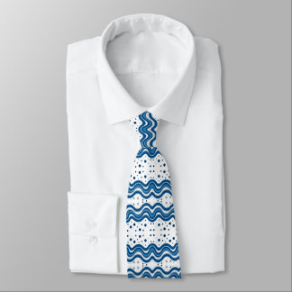 Abstract Moroccan White & Blue Wavy Lines & Dots Neck Tie