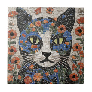Abstract Mosaic Cat with Flowers Ceramic Tile
