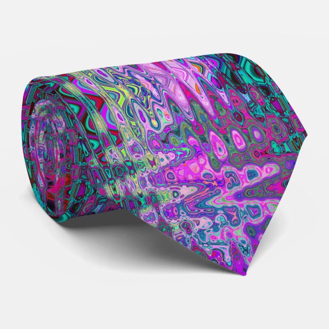 Abstract Mosaic Colorful Magenta Wavy Retro Neck Tie (Rolled)
