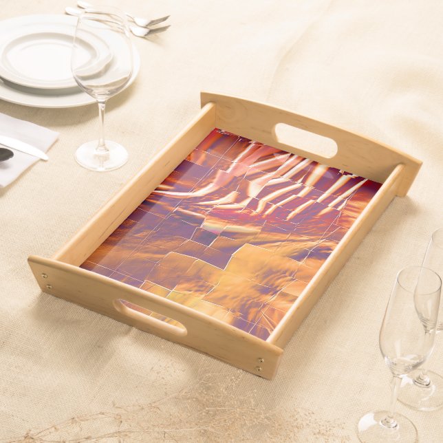 Abstract mosaic design of reddish orange tinfoil  serving tray (Front)