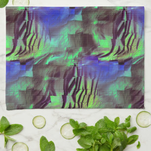Abstract mosaic drawing of rustic green and blue kitchen towel
