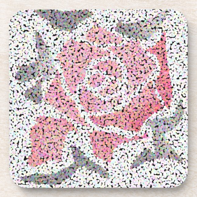 Abstract mosaic flower rose pink white gray floral beverage coaster (Front)
