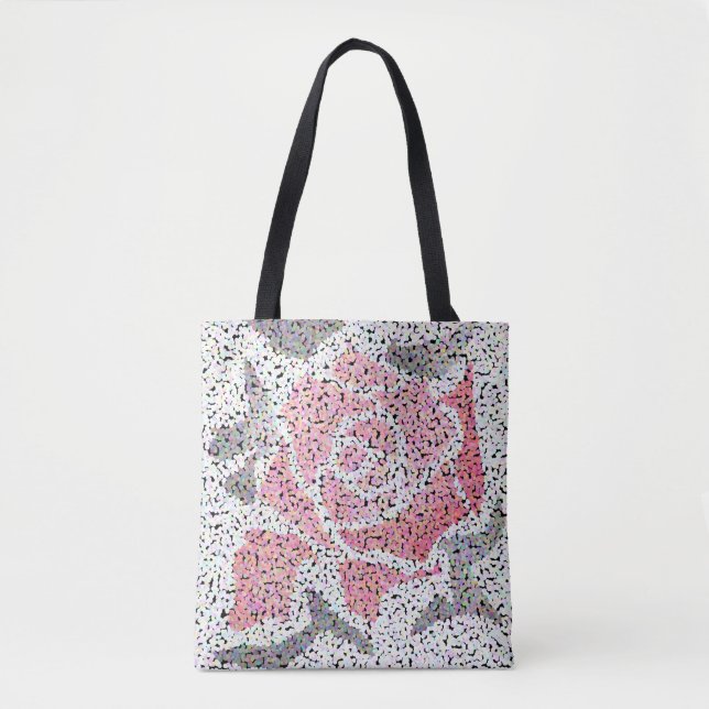 Abstract mosaic flower rose pink white gray floral tote bag (Front)