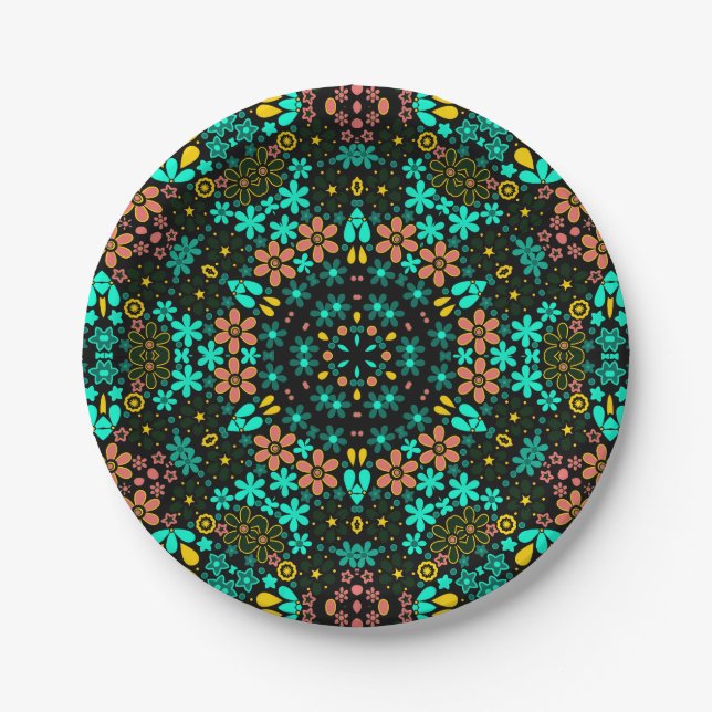 Abstract mosaic kaleidoscopic floral flowers black paper plates (Front)