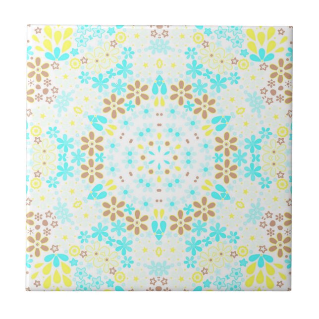 Abstract mosaic kaleidoscopic floral flowers white ceramic tile (Front)