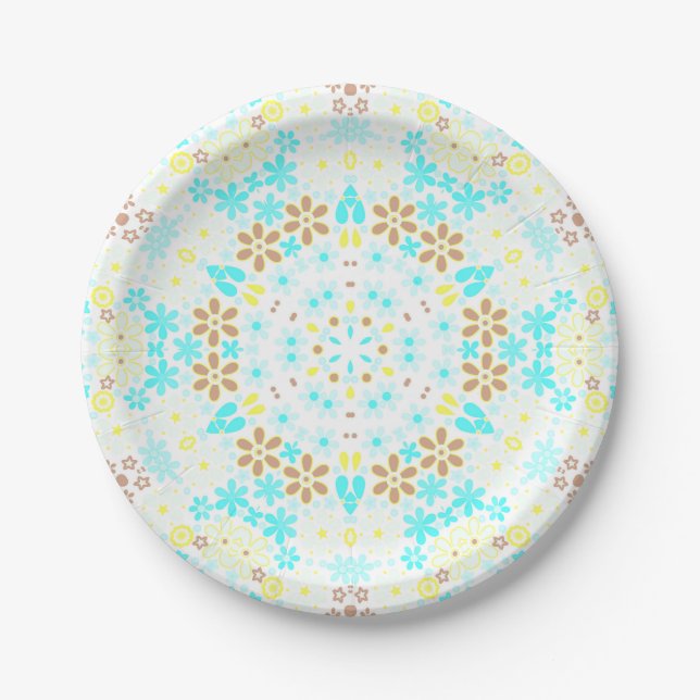 Abstract mosaic kaleidoscopic floral flowers white paper plates (Front)