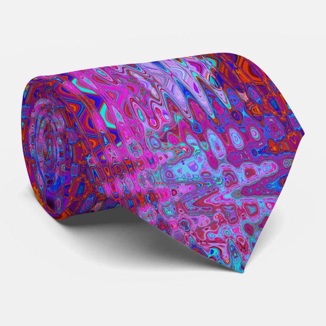 Abstract Mosaic Magenta and Blue Wavy Retro Neck Tie (Rolled)