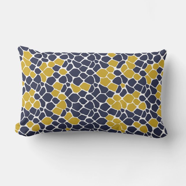 Abstract mosaic, navy blue, mustard yellow, white lumbar pillow (Front)