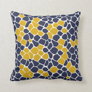 Abstract mosaic, navy blue, mustard yellow, white throw pillow