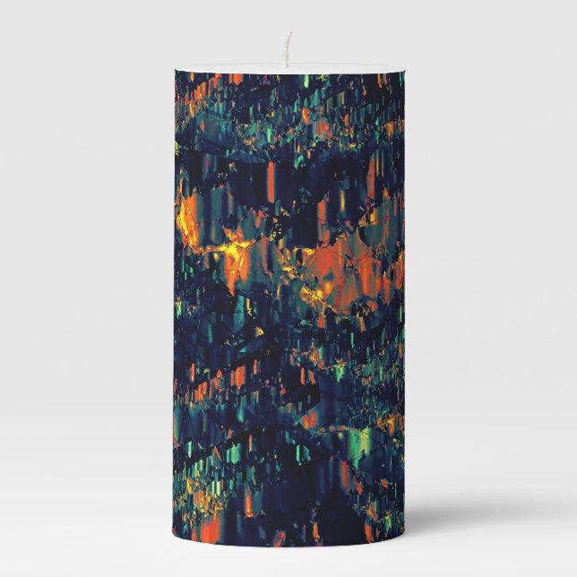 Abstract mosaic of displaced campfire on greenish  pillar candle (Front)