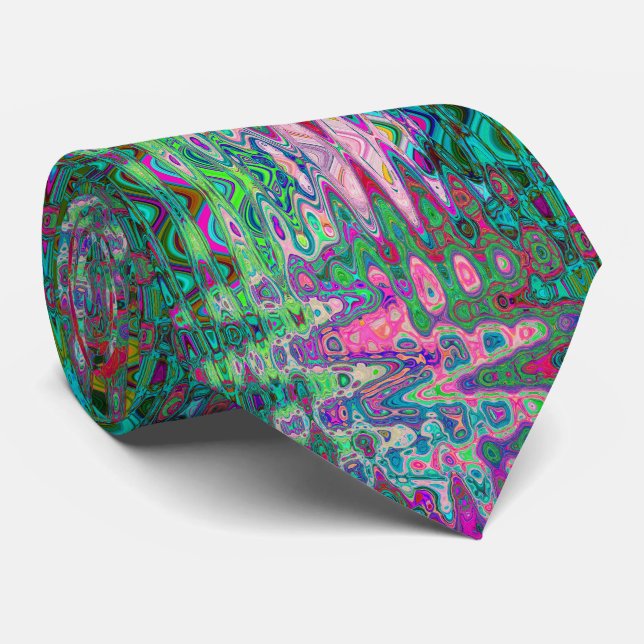 Abstract Mosaic Pink and Green Wavy Retro Neck Tie (Rolled)
