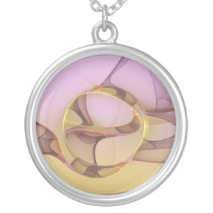 Abstract Motions Modern Pink Golden Fractal Art Silver Plated Necklace