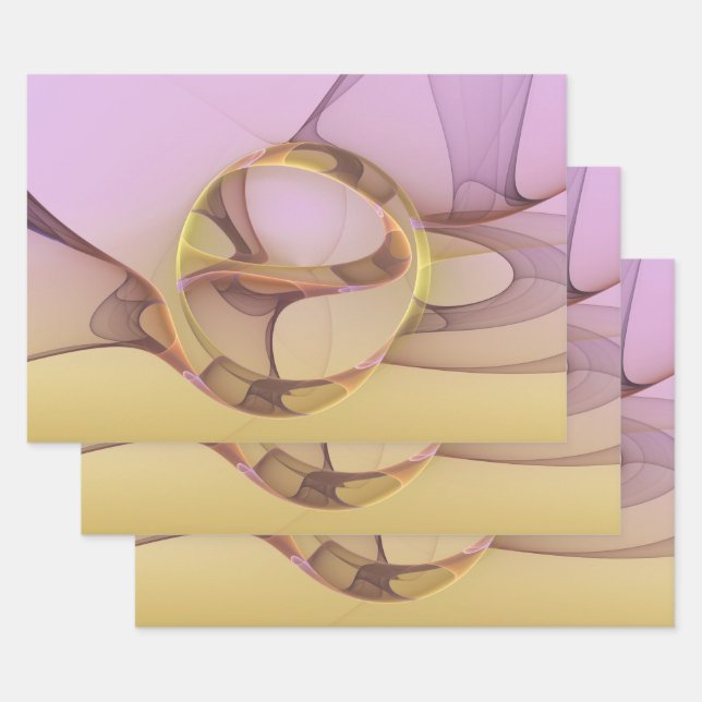 Abstract Motions Modern Pink Golden Fractal Art Wrapping Paper Sheets (Set)