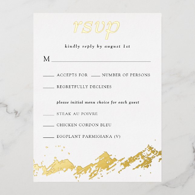 Abstract Mountain Gold on White Wedding RSVP Foil Invitation Postcard (Front)