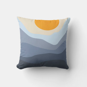 Abstract Mountain Landscape Blue Yellow Sun Boho Throw Pillow