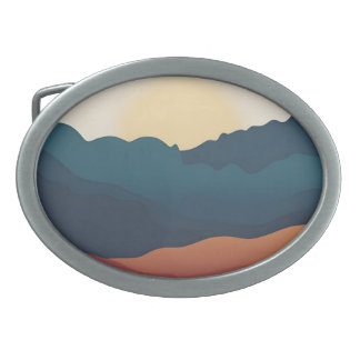 Abstract mountain layers in deep blue and orange belt buckle