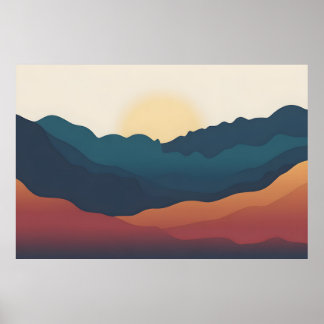 Abstract mountain layers in deep blue and orange poster