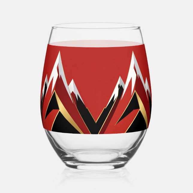 Abstract Mountain Range Red Black Gold Stemless Wine Glass (Front)