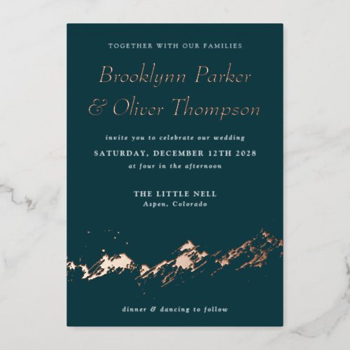Abstract Mountain Rose Gold on Teal Wedding Foil Invitation
