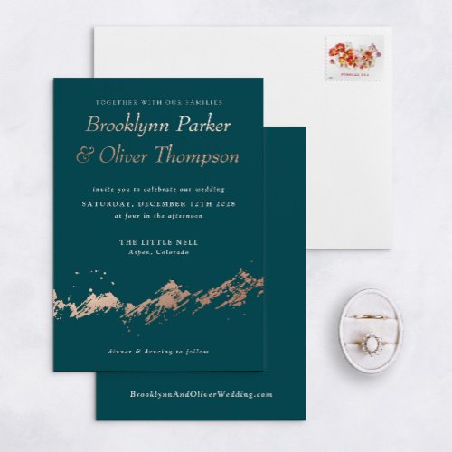 Abstract Mountain Rose Gold on Teal Wedding Foil Invitation