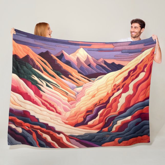 Abstract Mountain Scene Purple Peach Burgundy Fleece Blanket (In Situ)